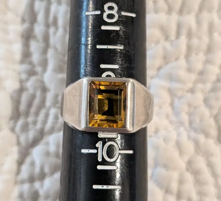 Vintage Artist Signed Modernist Sterling Silver Ring with Emerald Cut Citrine Stone, Size 10