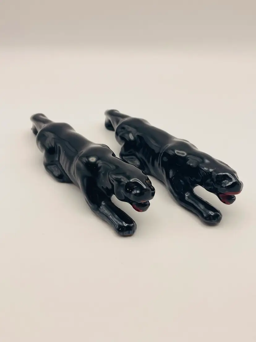 Set of 2, Vintage, Ceramic/Redware, Black Panther, 5" Figurines, MCM, Japan