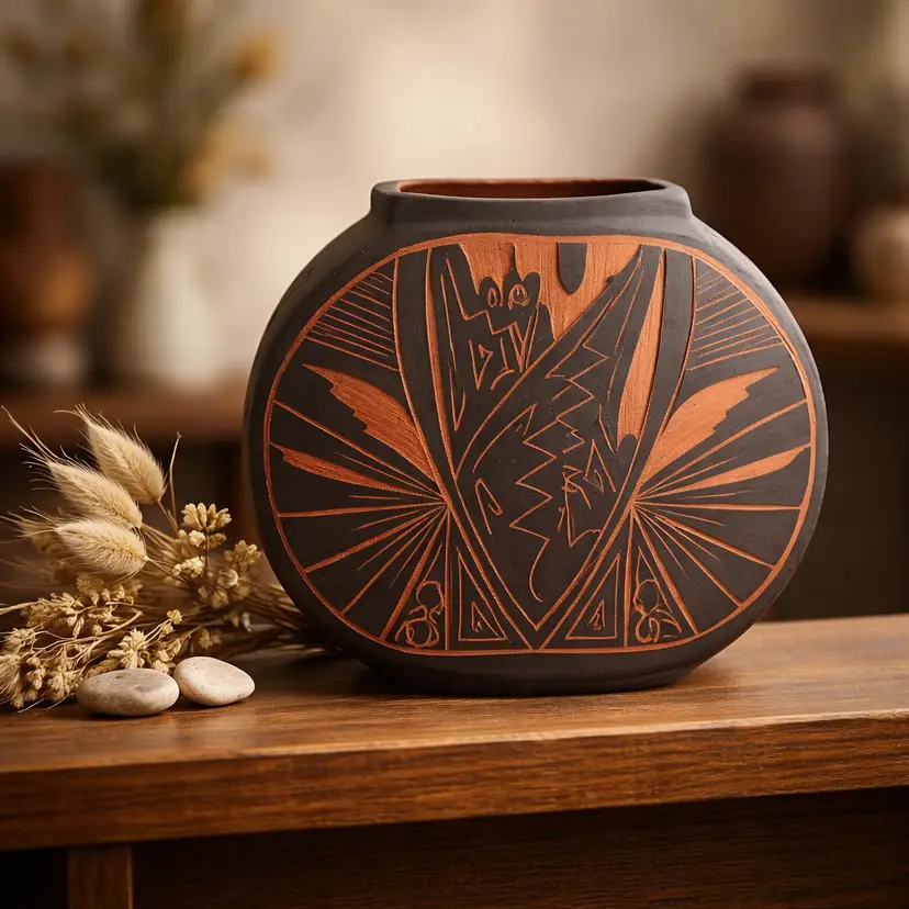 New Mexico Native American Acoma Pueblo Pottery, Black & Orange Vase, 5.75" Tall