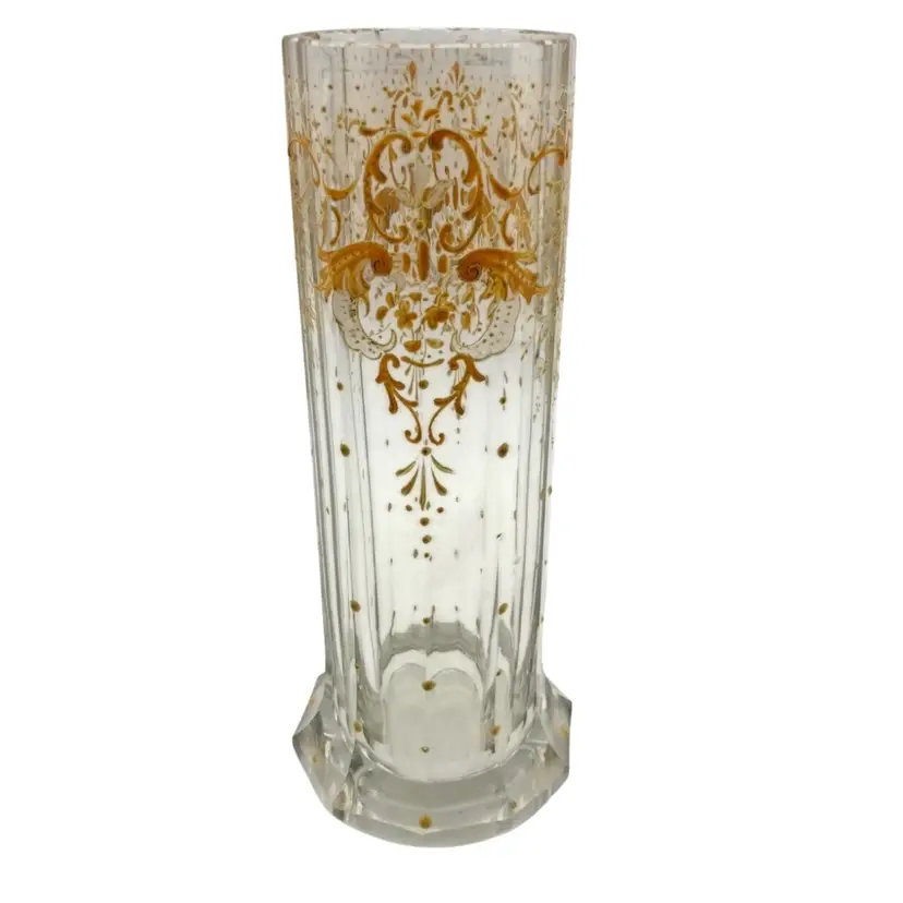 BIN - Vintage (antique?) Detailed Painted Enamel Glass Octagonal Vase.