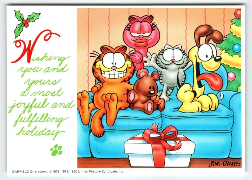 Garfield Cat Christmas Postcard Odie Arlene Holiday Greetings Jim Davis 1980