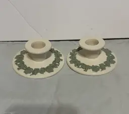 Wedgwood Queensware White & Sage Green Candlesticks England