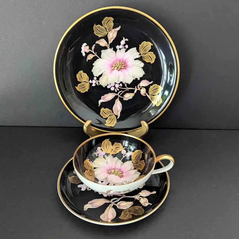 Vtg Rudolph Wachter Bavaria Germany Ceramic Tea Cup Saucer & Plate Black Pink