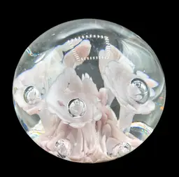 Vintage Maude and Bob St Clair Hand Blown Art Glass Paperweight Pale Pink Floral