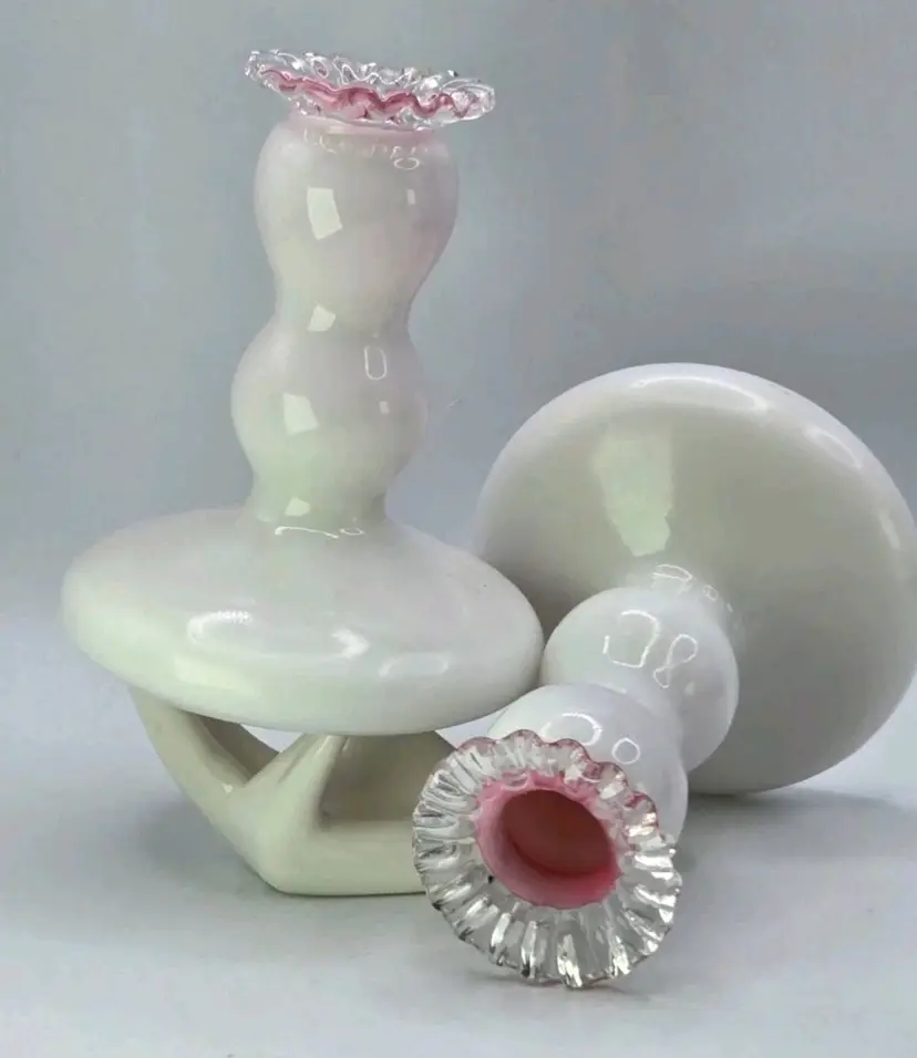 Fenton S/2 Rose (Pink) Cased Silver Crest Candlesticks • Crimped Rim 4-3/4"H