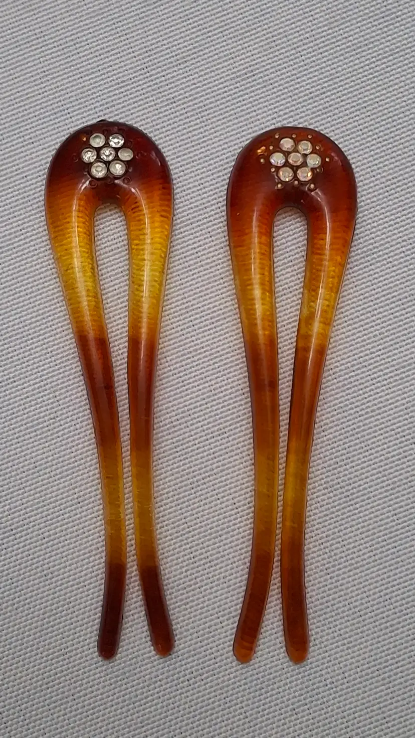 307 ✨ Vintage Celluloid Hair Fork Pair w/ Clear Rhinestones – Tortoiseshell Ombre