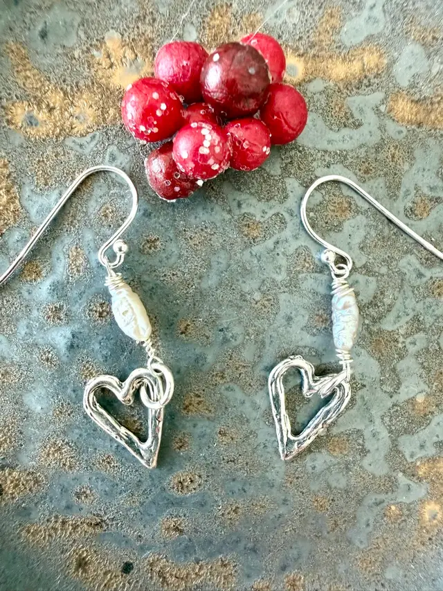 Hammered Sterling Silver Heart Drop Earrings With Freshwater Pearls