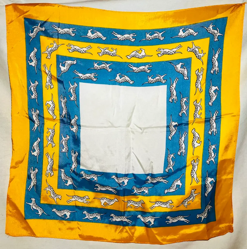 Vintage Blue, Yellow, Black, White Running Wildcat Silky Scarf, 22@x22”