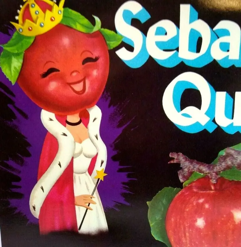 Anthropomorphic Big Apple Queen Humanized  Sebastopol Crate Label Original 1950's