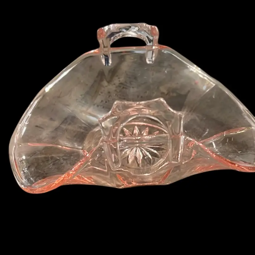 Almost Antique, Pink Depression Glass candy dish with Two Pink glass handles and starburst pattern. 1930 4” Across