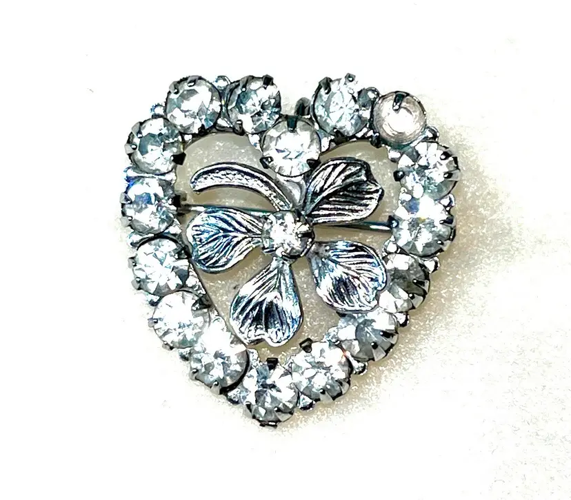 Sterling Silver Vintage Art Deco Rhinestone Clover For Good Luck Brooch