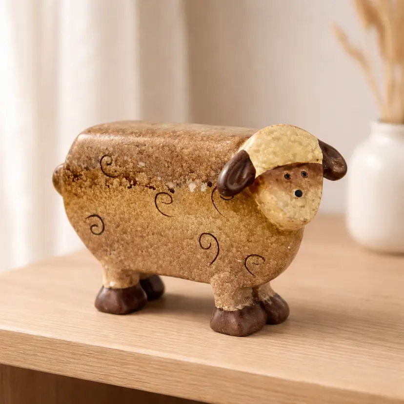 Vintage Folk Art Style Ceramic or Pottery Sheep Figurine, 4.5" x 6"