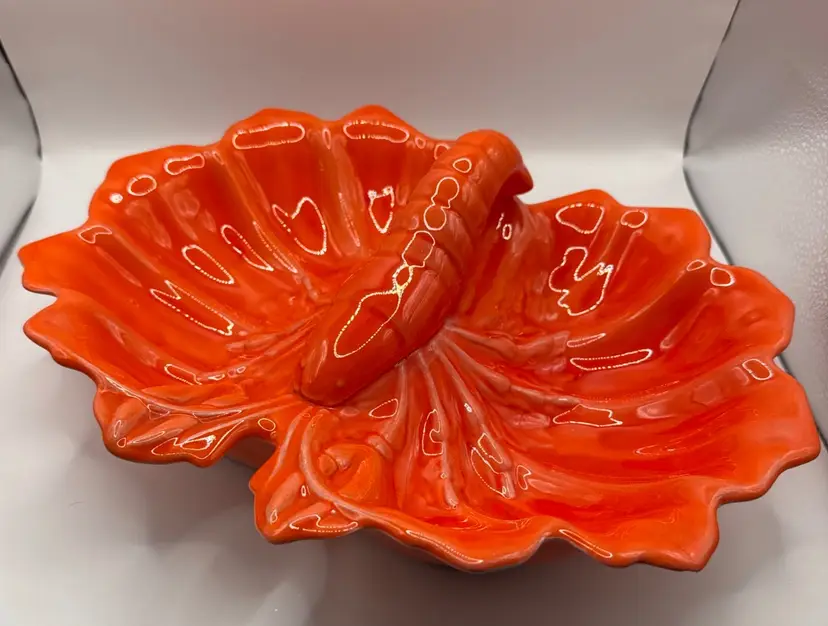 Vintage Carl Tielsch Style Reddish Orange Ceramic Divided Lobster Platter Plate, Mid-Century Modern Style, Studio Pottery, Signed