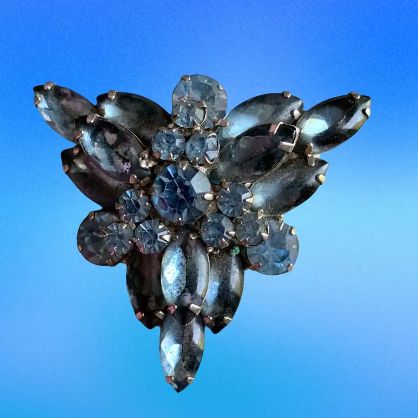 Juliana Brooch Silver Tone Triangle Other Two Layers Grayish/Blue Navettes With Large Blue Center Crystal Surrounded By Smaller Crystals