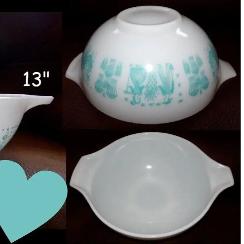 Vintage Pyrex 4QT Cinderella Mixing Bowl 444 Turquoise White REVERSE Amish Butterprint