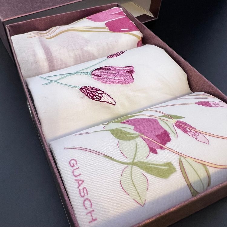 Beautiful Guasch 1859 Boxed Set Of 3 Floral 100% Cotton Hankies FF