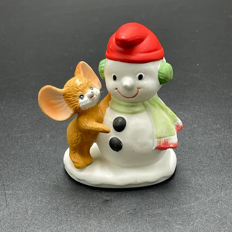 Homco Ceramic #8905 Mouse and Snowman Winter Holiday Christmas Figurine VTG