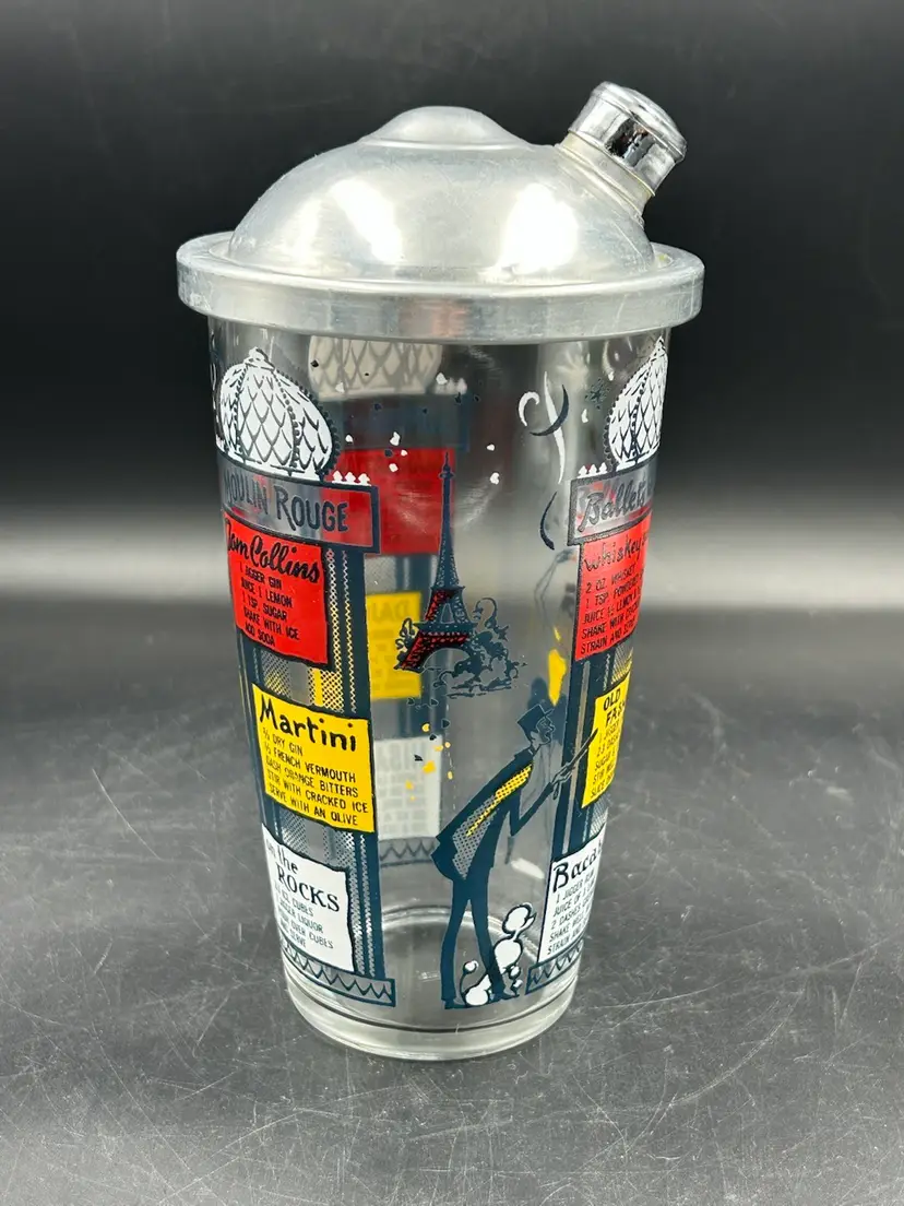 Hazel Atlas Vintage Cocktail Shaker Paris Theme Moulin Rouge Recipes MCM Barware Man Cave