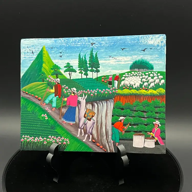 Colorful Tigua Folk Art Painting, “Lorenzo Cuyo”