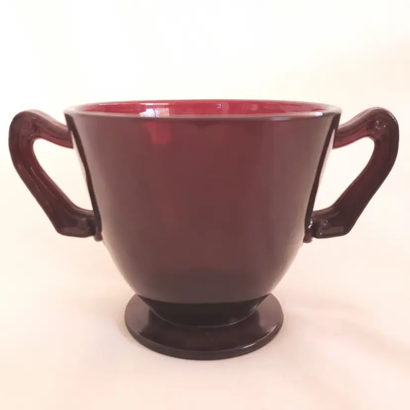 Ruby Red Depression Glass Double Handled Open Sugar Bowl - footed 3 1/8" Vintage