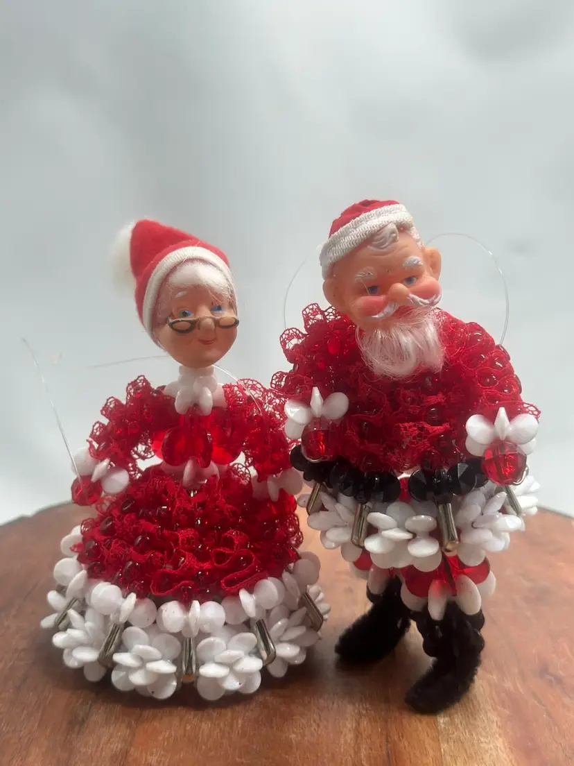 Vintage Kitschy Beaded Santa & Mrs Claus Figurine Handmade Christmas Ornament