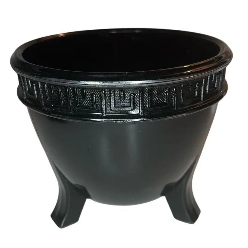 L E Smith Vintage Black Amethyst Glass Footed Bowl Greek Key Motif