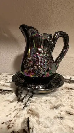 RED CLAY PITCHER WITH IRIDESCENT CARNIVAL GLAZE GRAPES