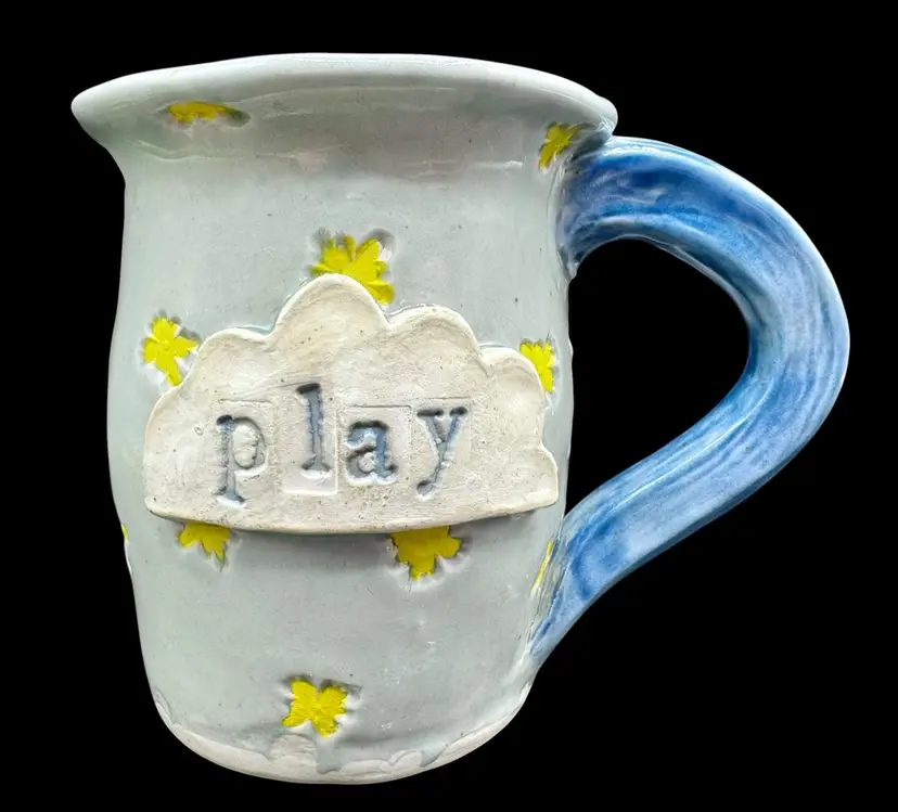 Signed Studio Art Pottery Coffee Tea Mug Play Cloud Floral Yellow Gray Blue 12oz