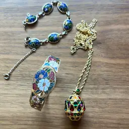 A Lot Of 3 enamel bracelet, mosaic bracelet, and rhinestone bobble necklace
