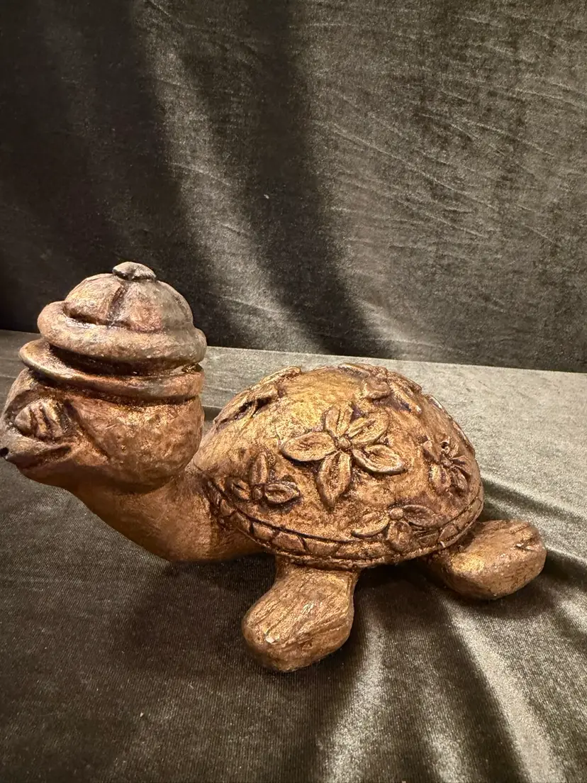 Adorable Happy Little Turtle Chalkware Figurine - Gold Gilt