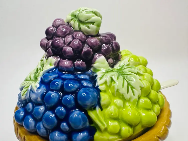 Vintage Ceramic Jam Jar with Spoon, Grape Fruit Pattern, Made In Japan