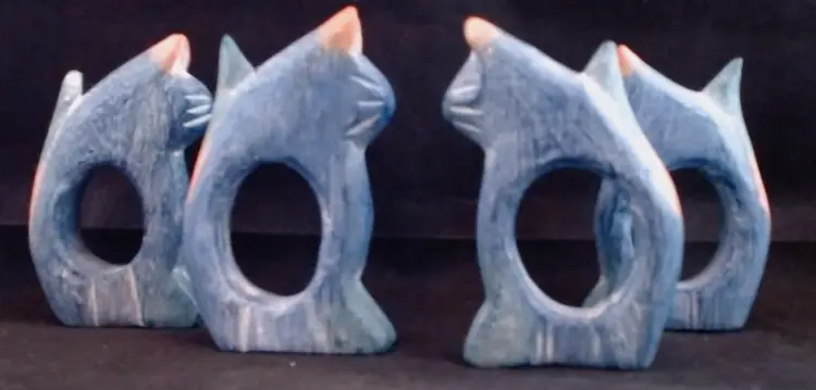 Abstract Art Carved Wooden Blue & Pink Cat Napkin Rings