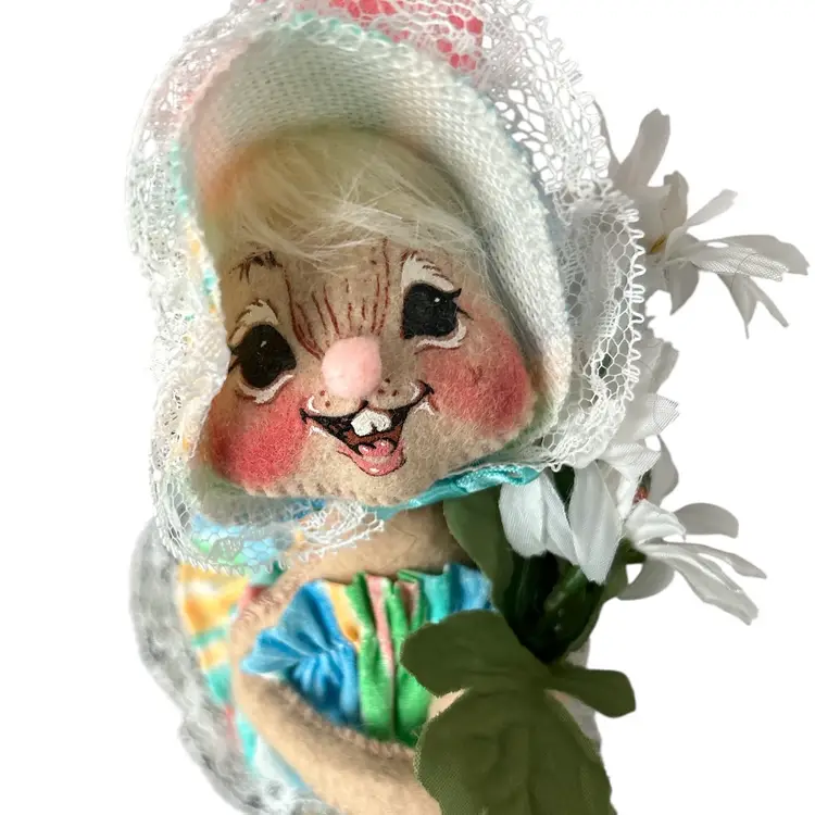 Girl Annalee Easter Bunny Figurine Holding Flowers with Bonnet