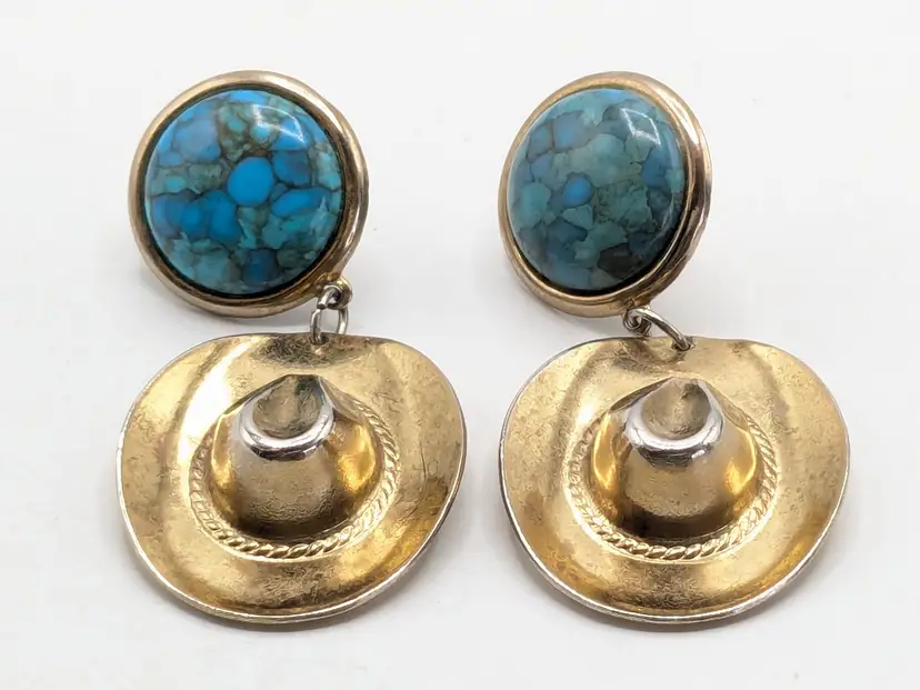 Gold Tone Faux Turquoise Cowboy Hat Pierced Earrings Rodeo Jewelry