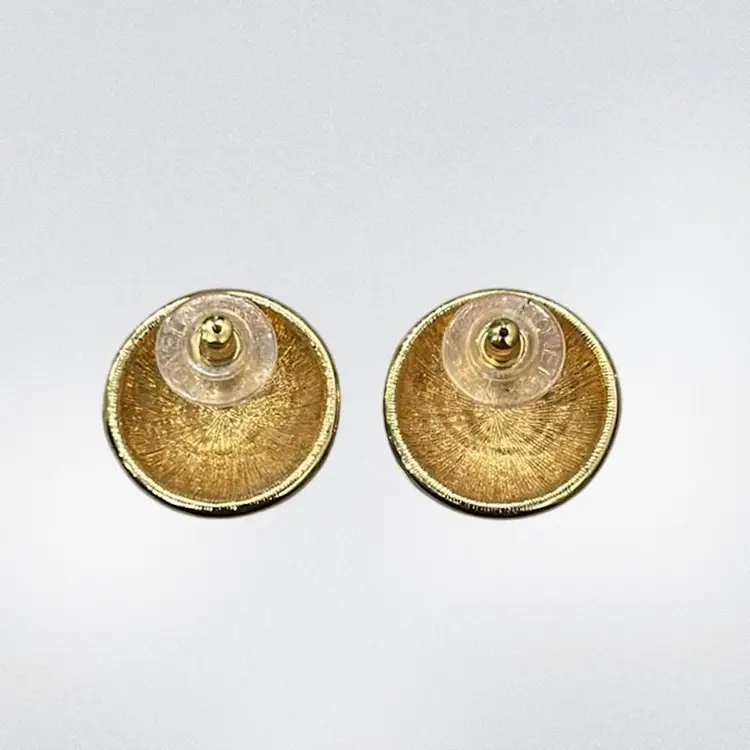 Vintage Monet Chunky Dome Gold Tone Earrings With White And Black Enamel