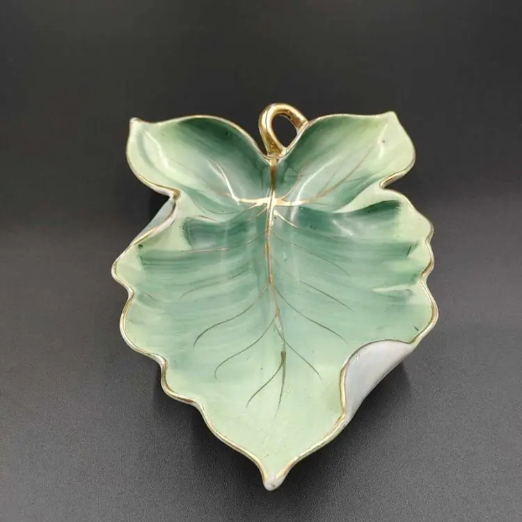 Vintage Norcrest Leaf Trinket Dish Candy Handpainted Green Leaf Gold Trim