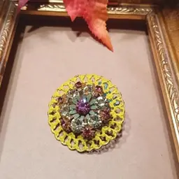 Vibrant Vintage Floral Brooch  With Pink and Yellow Rhinestones