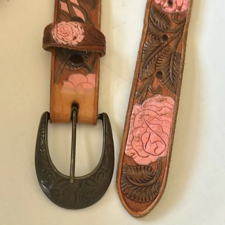 Vintage Leather Belt With Floral Design Brass Buckle First Issue LARGE 38”