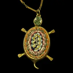 Micro Mosaic Turtle Pendant (2”) and Gold Tone Necklace (18”)