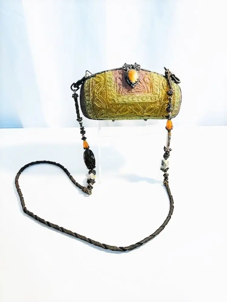 Vintage Maya Evangelista Yellow Gold Resin Handbag Purse Beaded Strap Shoulder Bag Clutch | Vintage Retro 1980's Maya Evangelista Purse