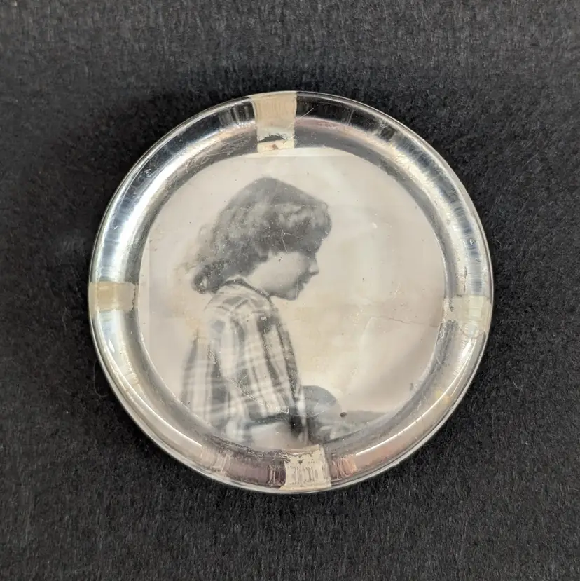 Vintage Glass Photo Frame Paperweight Round Disk with Photo of Young Girl