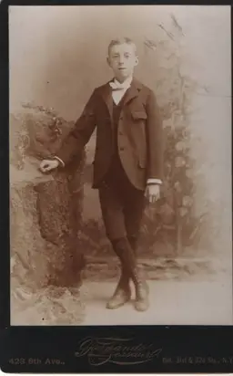 Antique Photo Victorian Cabinet Card Boy In Studio Pose Photographer Info Shown