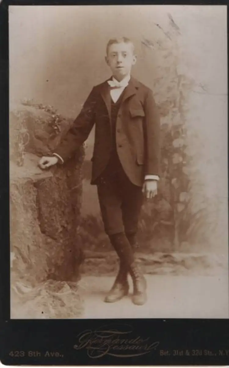 Antique Photo Victorian Cabinet Card Boy In Studio Pose Photographer Info Shown