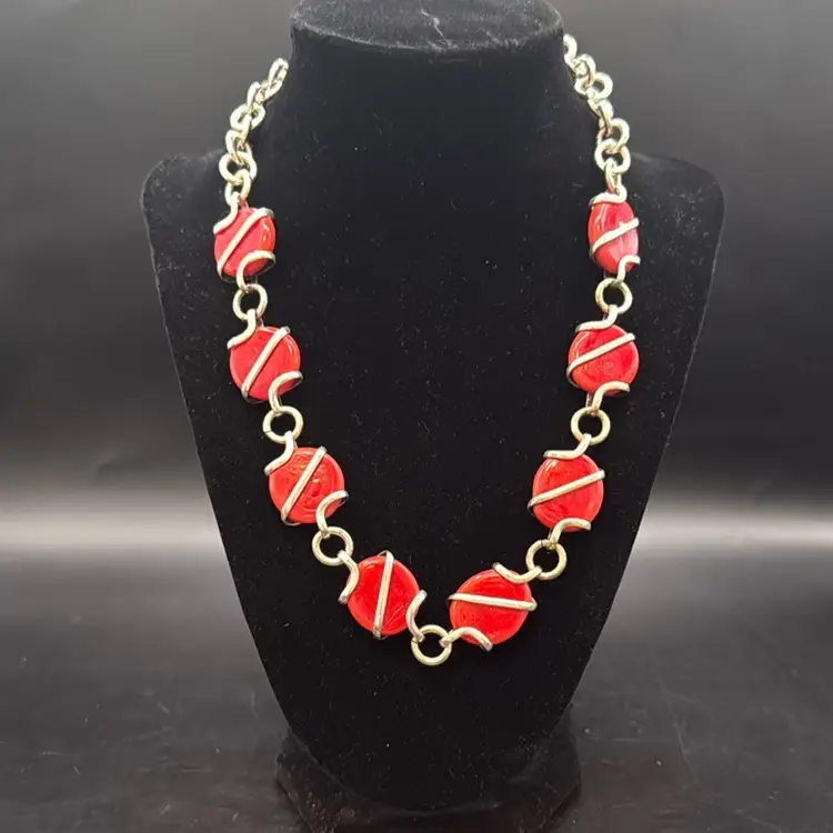 Sterling Silver Necklace And Bracelet With Coral Glass Cabochons