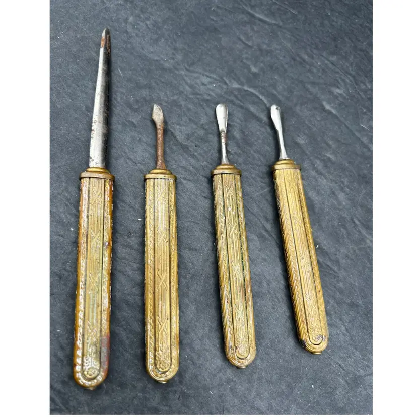 #452B Beautiful Art Deco Style Metal Manicure Tools, Set Of 4