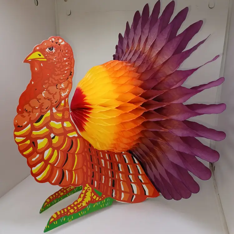 Beistle Turkey Thanksgiving Decoration Honeycomb Red Orange Yellow Tail Vintage