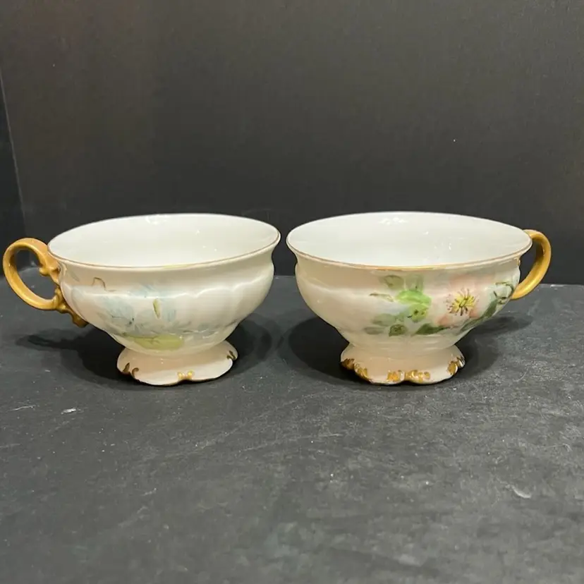 Set Of 2 Hutschenreuther Selb LHS Floral Gold Trim Vintage Tea Cups, One Blue Floral, One Pink Floral, Made in Bavaria Germany
