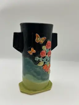 Studio Art Pottery - Embossed Floral And Butterfly Vase - Signed