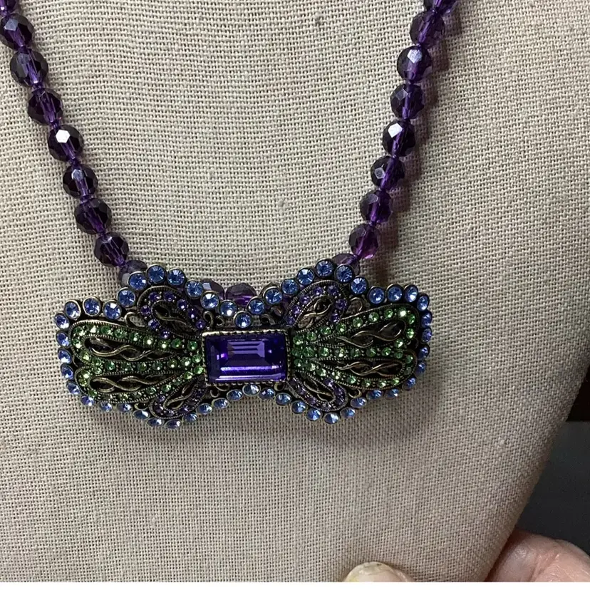 La Vintage Brooch And Necklace Purple Green And Blue Rhinestones And Glass Beads