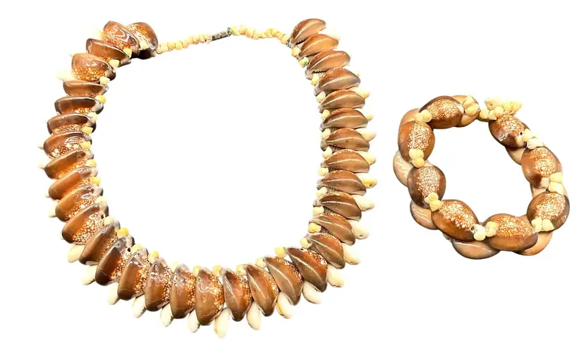 Vtg Tahitian Shell Necklace Bracelet Set Money & Calf Cowries Shells 20"L & 9"L